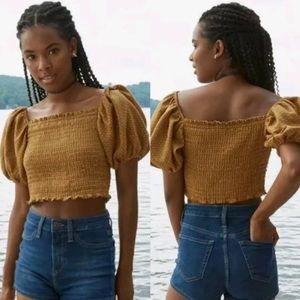 Smocked "Kantha" Stitch Cropped Olive Chartreuse Top (Size XL)